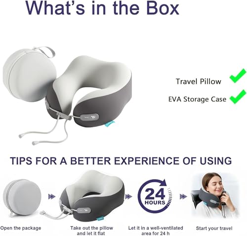 Image of Travel Pillow with Cool Material,Neck Pillow for Traveling 100% Pure Memory Foam,Travel Neck Pillow with Hard Case, Airplane Pillow for Traveling,Travel Essentials (Grey)