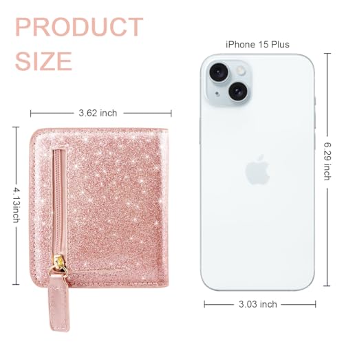 Image of Small Womens Glitter Wallet Thin Credit Card Holder Pocket | Compact Women Slim RFID Blocking Bling Wallets Bifold Ladies Mini Purse Pocket for Travel & Daily Use, Rose