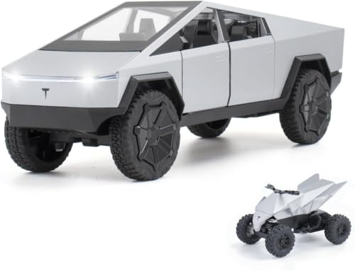 Image of DREAMY DEN Tesla Cybertruck 1:32 Die-Cast Metal Toy Car for Kids, Premium Alloy Pull Back Model with Openable Doors, Light & Music, Miniature Truck Gift for Boys, Colour as Per Stock