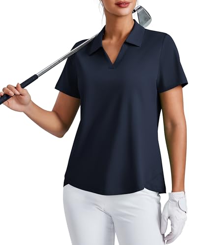 PINSPARK Womens Golf Shirts Loose Fit Polo Shirt Sun Protection Tennis T-Shirt Short Sleeve Active Tops Quick Dry Workout Top, Navy Blue S