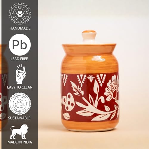 Image of Orange Mushroom Ceramic Handglazed Pickle Jars Set of 1-1000 ML Each | 1 kg Achaar Martban Barni Jar with Lid | Ceramic Storage Jar Container Pickle, Chatney