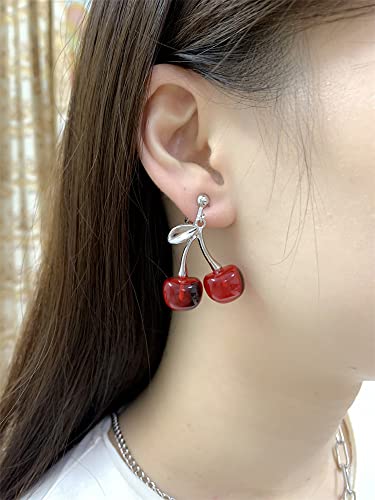 Cherry Fruit Statement Drop Dangle Clip On Earrings for Women Girls Stainless Steel Hypoallergenic No Piercing Ear Cuff Wrap Creative Red Acrylic Lightweight Charms Dangling Jewelry Gifts3