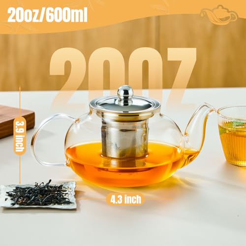 Image of Baalaka Glass Teapot Stovetop 20 OZ /600ml, Tea pot with Removable 18 /8 Stainless Steel Infuser, Borosilicate Clear Tea Kettle, Teapot Blooming and Loose Leaf Tea Maker Tea Brewer for Camping, Travel