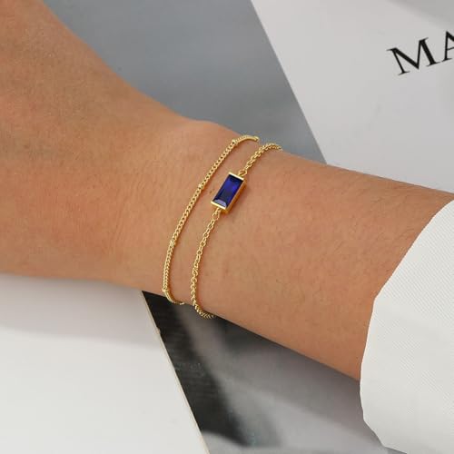 Birthstone Bracelets for Women, 14K Gold Plated AAA+ Cubic Zirconia Stackable Chain Bracelet for Mom Wife Daughter Sister Trendy Dainty Non Tarnish Jewelry Gifts 6.5+2 Inches2