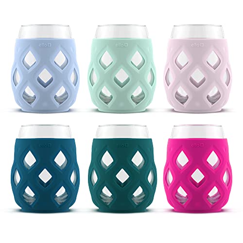 Ello Cru 17oz Stemless Wine Glass Set with Protective Silicone Sleeves, 6 Pack Cocktail Glass...