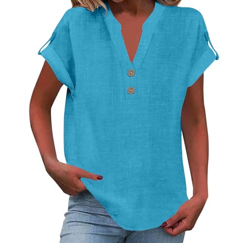 MOKBAY Top Mujer Vestir Fiesta Verano Ropa de Compra Online Ancha Camiseta Blanca Azul Camisa Manga Corta Cuello V de Flores Camisetas Mujer Manga Corta Originales Azul XXL