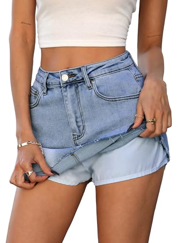 ELLEVEN Denim Skirt with Shorts Mini Skort - Casual Jean Skirts with Raw Hem & Pockets2