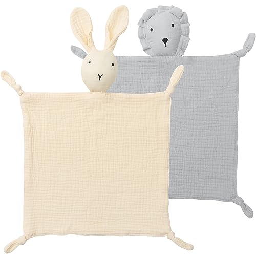 Image of Premium Soft Muslin Cotton Newborn Baby Loveys Security Blanket Muslin Soft & Breathable, Bunny & Lion Lovies for Baby New Born Boy Girl Unisex Baby Unique Neutral Presents for Babies Newborn Toddler