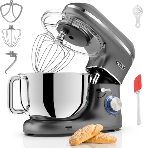 Fentic Küchenmaschine - 2000W - Edelstahl Rührschüssel (6,2 L) - Knetmaschine mit Rührhaken, Knethaken, Schlagbesen und Spritzschutz - Inkl. zusätzlichem Zubehör - Anthrazit