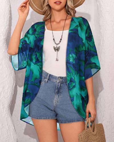 Image of Women's Floral Print Puff Sleeve Kimono Cardigan Loose Cover Up Casual Blouse Tops 2026