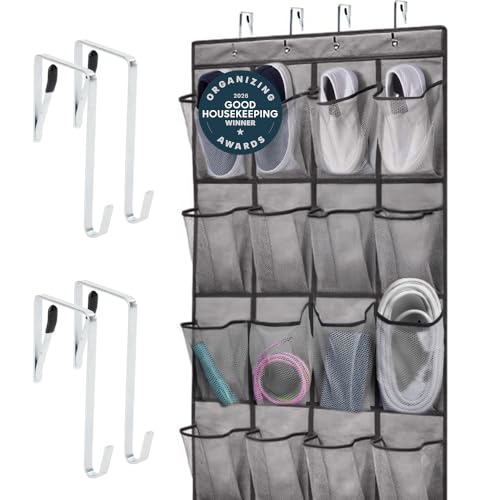 GORILLA GRIP Over the Door Shoe Organizer, 24 Large Breathable Mesh Pockets, Space Saving Hanging Storage Holder, Closet Rack Hanger Holds Up to 40 lbs, Hangs on Closets for Shoes, Accessories, Grey