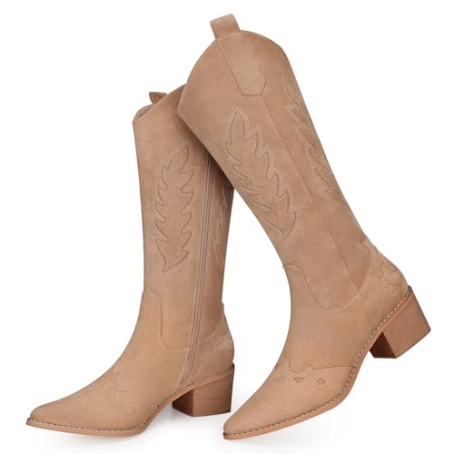 Image of SHIBEVER Suede Knee High Cowboy Boots for Women Comfortable Tall Cowgirl Boots Zipper Low Heel Fall Winter Western Booties