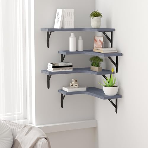 Image of ROMGUAR CRAFT Corner Floating Shelves Wall Mounted Set of 4, Rustic Wood Storage Display Shelves for Home Decor, Bathroom, Kitchen, Bedroom, Living Room, Office (Grey)