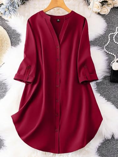 Image of Gufrina Women's Rayon Top with 3 /4th Sleeves Mandarin Collar Neck Solid Pattern A Line Style Knee-Length and Regular Fit