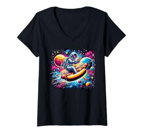 Mujer Hot Dog snack foodie comiendo delicioso Hot Dog Camiseta Cuello V