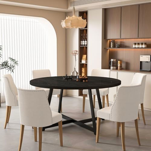 Image of Large Round Dining Table for 6-8, Wooden Dinner Table with Heavy Duty Metal Pedestal Base, for Kitchen Living Room, Space Saving, 59 Inch, Black
