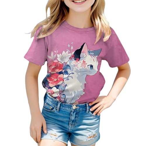 Girls Cute Cat Print Crop Top Summer Baggy Soft Short Sleeve Crewneck T-Shirt Kids Trendy Causal Shirts Blouses2