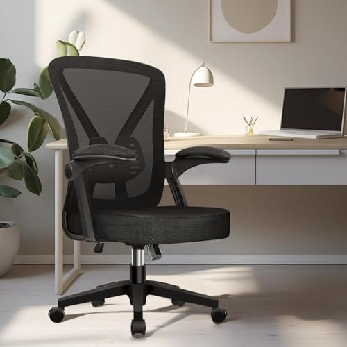 Hinonde Bürostuhl,Schreibtischstuhl mit Hochklappbare Armlehnen und Wippfunktion,360°Drehstuhl,Höhenverstellbarer Bürostuhl ergonomisch Home Office Stuhl mit Atmungsaktivem Netz,Bis zu 150kg