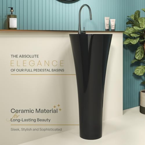 Image of LAPO Pedestal Wash Basin, Ceramic Standing Pedestal Wash Basin for Bathroom, One Piece Wash Basin for Bathroom and Living Room and Home 15x15x31.5 Inch, Black) -MID