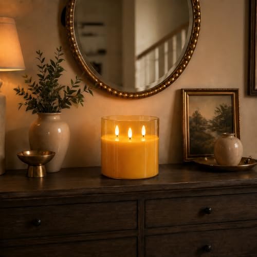 Image of Homemory 6x6 Inch Extra Large Flameless Candle with 3 Wicks, Amber Glass LED Pillar Candle, Real Wax Battery Operated Candle with Remote Control and Timer for Home and Holiday Decor
