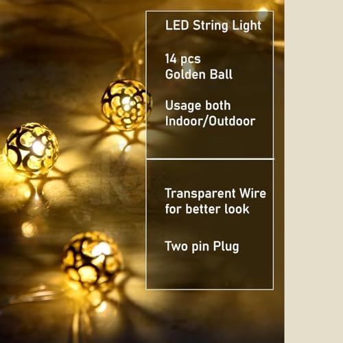 Image of K D Metal Ball String Lights for Decoration -14 LED Ball 3.8 Meter Moroccan LED Fairy Lights, Warm Yellow Decorative Lights for Home, Room, Parties & Festivals