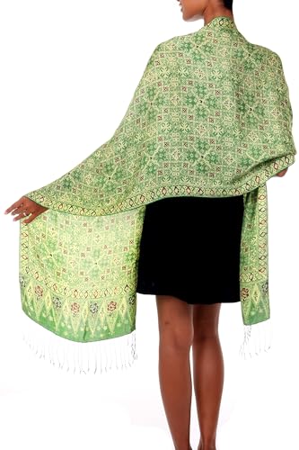 NOVICA Artisan Handmade Silk Batik Shawl Unique Indonesian Women's Accessories Shawls Green Hemlock Lucite Desert Sage Patterned Floral ' Emerald Garden'2