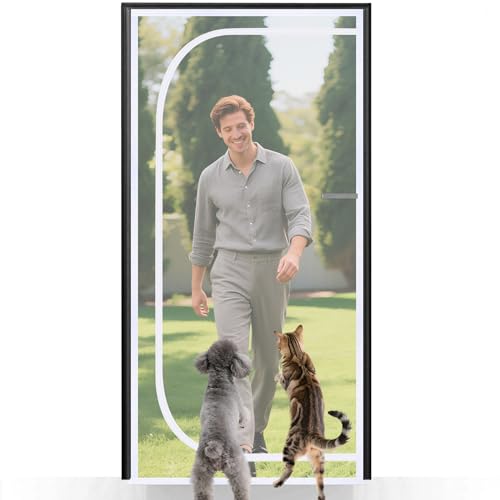 Reinforced Cat Screen Door Fits Door Size 36 x 80 Durable Pet Resistant Mesh Screen with Zipper Hook and Loops for Home Living Room Kitchen Bedroom Doors