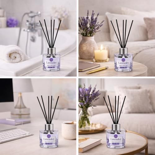 PRAMODAM Lavender Reed Diffuser Set 60 ml | 6 Fiber Reed Sticks 8" | Stress Relief & Aromatherapy | Long-Lasting, Smoke-Free Air Freshener for Home, Bedroom & Office | Ideal for Gifting 5 41t225dUP5L