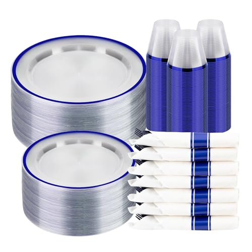 BESTSTAR 350PCS Clear and Blue Disposable Plates Set for 50 Guests, 100 Plastic Plates, 50 Cups, 50 Pre-Rolled Napkins with Plastic Cutlery for Party, Birthday, Thanksgiving, Christmas, Halloween BESTSTAR 350PCS Clear and Blue Disposable Plates Set for 50 Guests, 100 Plastic Plates, 50 Cups, 50 Pre-Rolled Napkins with Plastic Cutlery for Party, Birthday, Thanksgiving, Christmas, Halloween