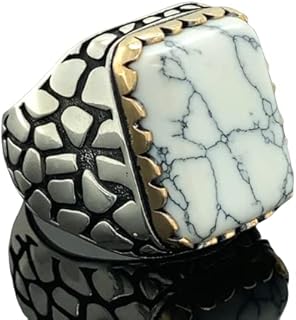 Men Handmade Ring, Men Howlite Ring, Natural Howlite Ring, Patterned Ring, Turkısh Handmade 925k Sterling Silver Ring, Gift For Him