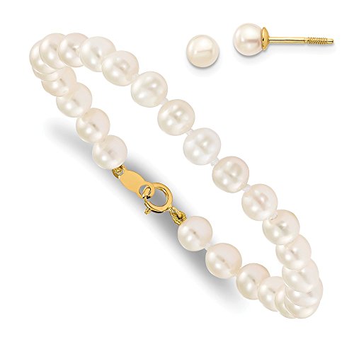 14k Yellow Gold 5mm White Freshwater Cultured Pearl Bracelet Post Stud Earrings Set Ball Button Fine Jewelry For Women Gifts For Her