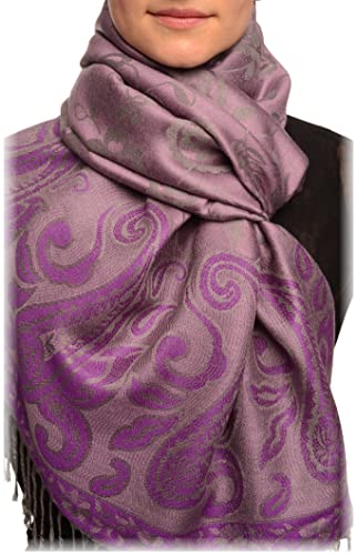 Écharpe violette motifs fleurs et paisley 70x180 cm effet pashmina avec franges
