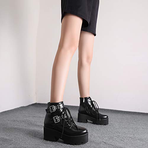 Image of Parisuit Womens Goth Patent Ankle Boots Platform Chunky Combat Boots | Lace Up, Gothic Boots, High Heel, Punk Short Booties, Buckle Boots, Chain Boots