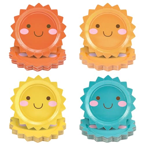 Whaline 48 Pcs Boho Sun Paper Plates Disposable Plates 7 Inch Colorful Smile Face Sunshine Party Tableware for Here Comes The Son Birthday Baby Shower Table Decor Supplies