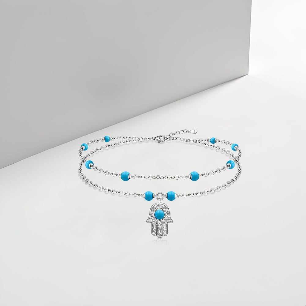Anklets for Women S925 Sterling Silver Hand of Fatima Charm Dainty Evil Eye Hamsa Hand Anklet Adjustable Layered Bracelet Turquoise Jewelry Mothers Day Gifts for Mom - Image 9