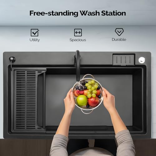 Image of Vingli 37-Gallon Freestanding Utility Sink with Faucet, 36 inch Heightened Basin for Laundry, Garage, Outdoor Garden, Pet Wash, Heavy Duty Plastic Laundry Tub with Storage Shelf, 40 inchLx24 inchWx36 inchH, Black