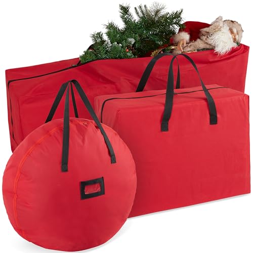 Christmas Ornament Storage Box Christmas Decoration Storage Baubles Box with Dividers Zipped Wreath Bag Decorations Bags (Red 3 Piece Set)