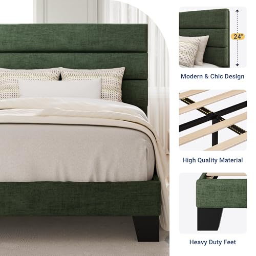 Image of Allewie Twin Size Platform Bed Frame with Fabric Upholstered Headboard and Wooden Slats Support, Fully Upholstered Mattress Foundation /No Box Spring Needed /Easy Assembly, Green