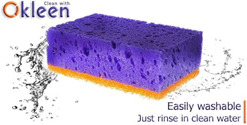 Image of Purple and Orange Multi Use Scrub Sponges. Made in Europe. 18 Pack, 4.3x2.8x1.4 inches. Heavy Duty & Non Scratch Fiber. Odorless, Durable, Delicate, Rinse Clean Violet Scrubber