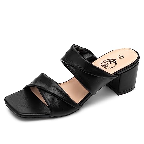 Trary Women's Sandals, Square Toe Heels Sandals, 2inch Black White Nude Chunky Block Heels Sandals