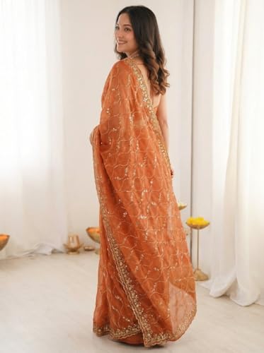 Image of ORHANS Women's Chiffon Saree with Unstitched Blouse Piece Heavy Embroidery Work | Beautiful Saree for Women | Traditional Indian Sari Stylish | Fashionable Saree Modern Design