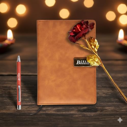 Image of Personalized Diary & Pen Gift Set with Name Engraving | Leather Diary Combo with Decorative Rose | Customizable Gift for Birthday, Anniversary, Valetine & Special Occasions (Brown)