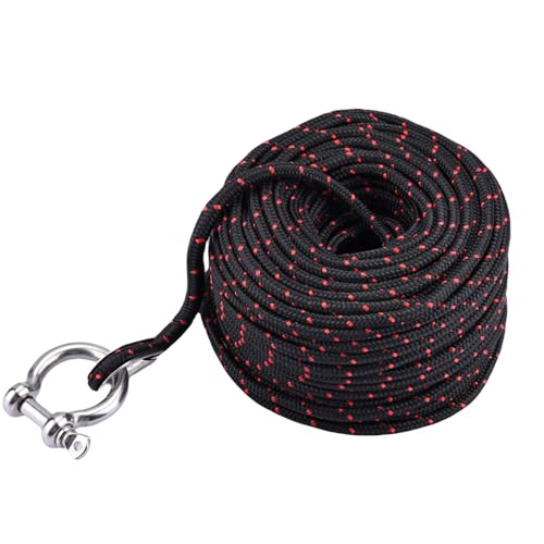 YaeMarine 3/16\" x 100\' Boat Marine Premium Anchor Rope Anchor Line with Stainless Steel Thimble & Shackle for Electric Winches (Black/Red)