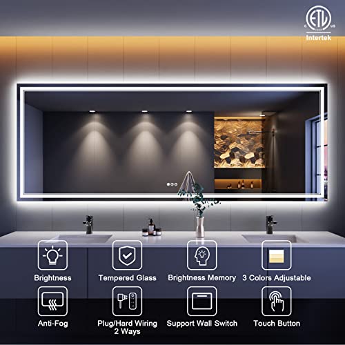 96 x 36 Inch LED Bathroom Mirror with Lights, Backlit and Front Lighted Bathroom Mirrors for Wall, Anti-Fog Dimmable Memory Shatterproof LED Vanity Mirror for Bahtorom