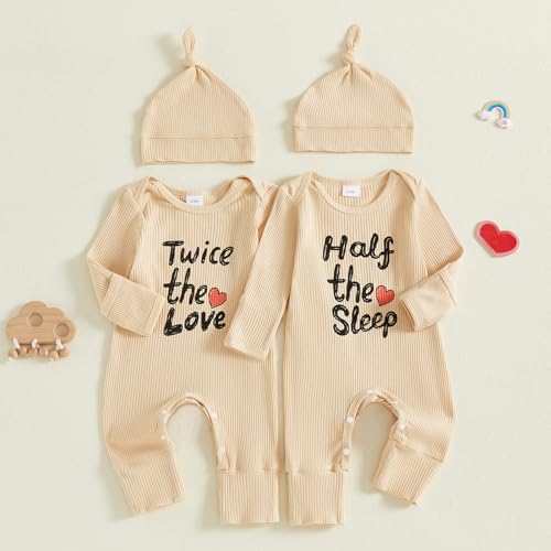 Twice The Love Half The Sleep Newborn Baby Girl Boy Twins Matching Outfits Fall Mitten Cuffs Knitted Jumpsuit Romper2