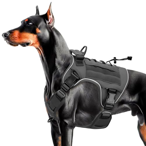 Heavy-Duty Tactical Dog Harness for Large Dogs, No Pull Adjustable Reflective Pet Vest with Molle System, K9 Military-Grade Control for Service Training, Outdoor & 10+ Breeds, Gray, Large