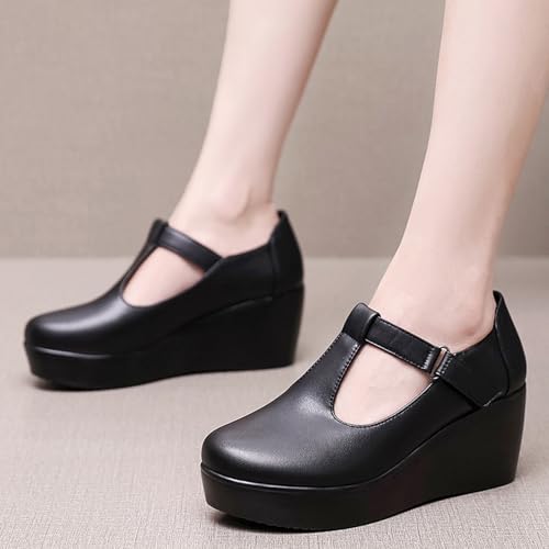 Women's Leather T-Strap Platform Wedge Mary Jane Shoes Comfort Round Toe Ankle Strap Non-Slip Casual Soft Cute School Dress Shoes for Work Outdoor Office4