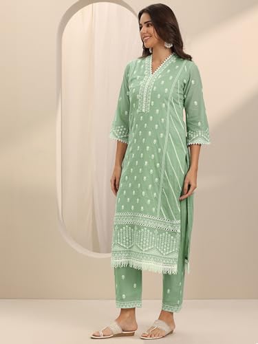 Image of Libas Embroidered Cotton Straight Kurta With Trouser and Dupatta