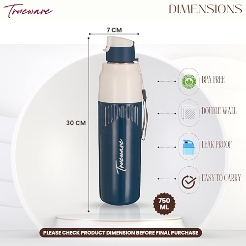 Image of Trueware Aqua Snow Double Wall Inner Steel Outer Plastic 750 ML Hot and Cold Water Bottle | BPA Free | Food Grade| Leak Proof | School, Gym,Sports,Office, Travler Bottle
