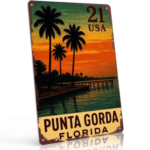 Punta Gorda Florida Tropical Sunset Palm Trees Metal Sign 8x12 Inch, Funny Aluminum Wall Decor for Home Decor Living Room Bedroom Beach House Bar Cafe Outdoor Patio and Coastal Living